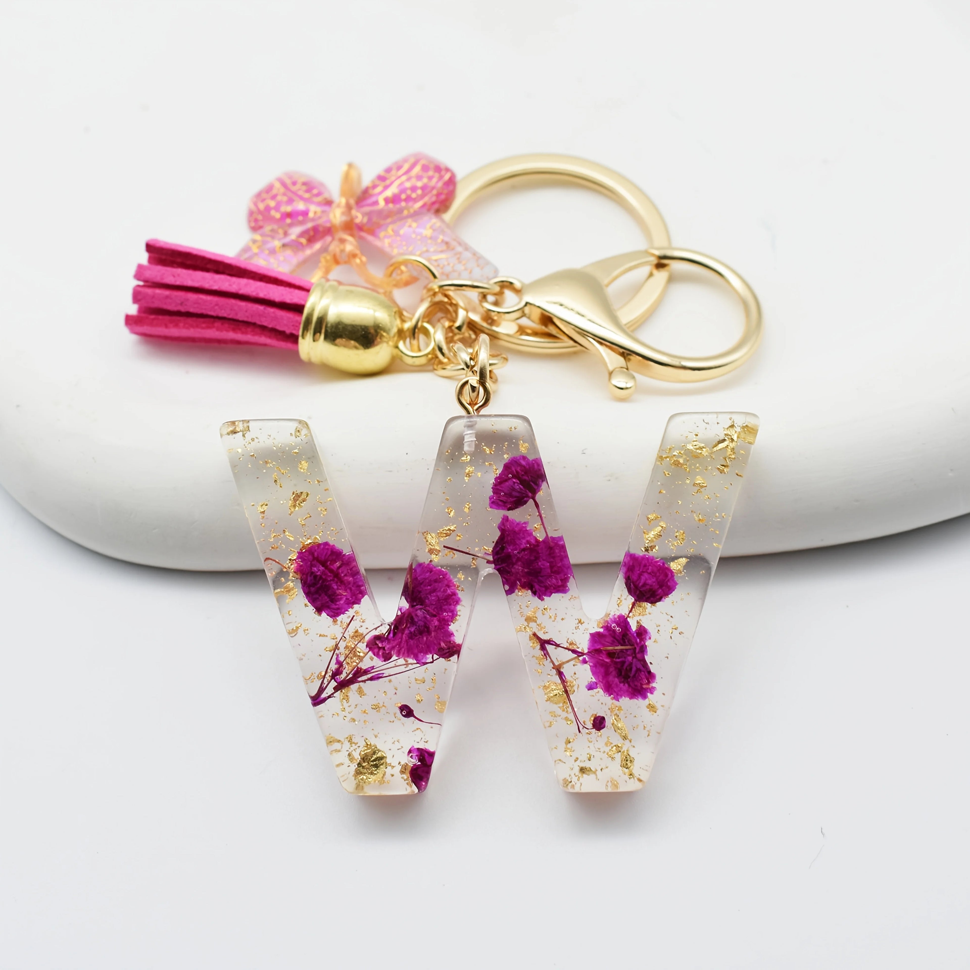 1PC Fashion Easter Alphabet Keychain - Dried Flower Resin Charm, A-Z Initial Pendant Butterfly Tassel, Non-Woven ABS Gift