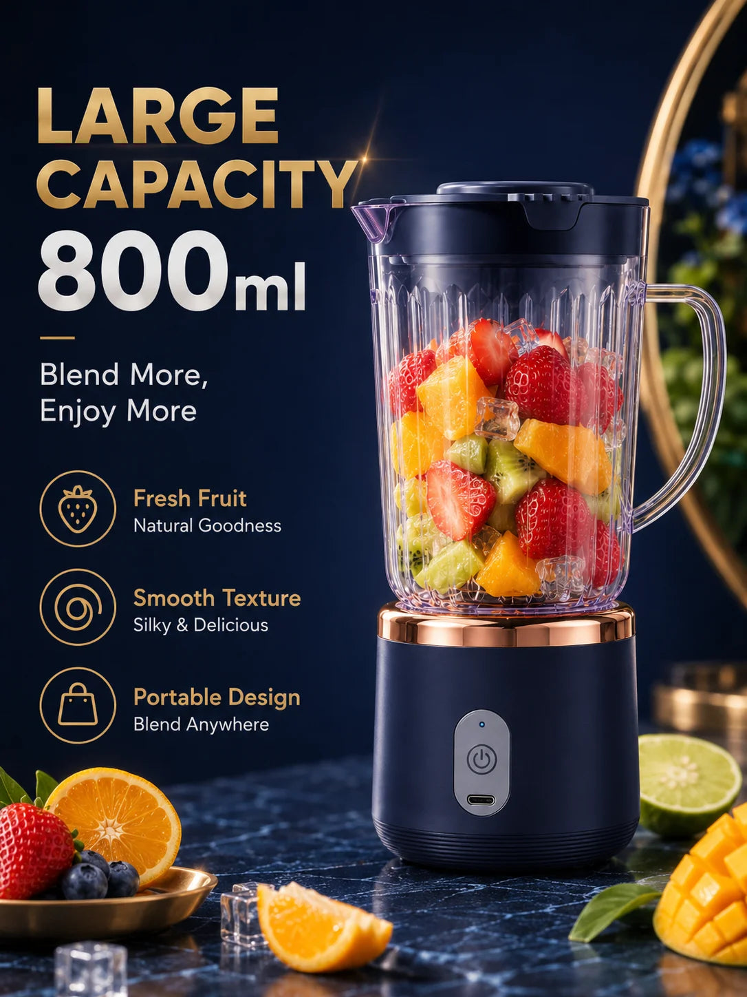 Food Grade 800ml Wireless Blender 1500mAh Battery