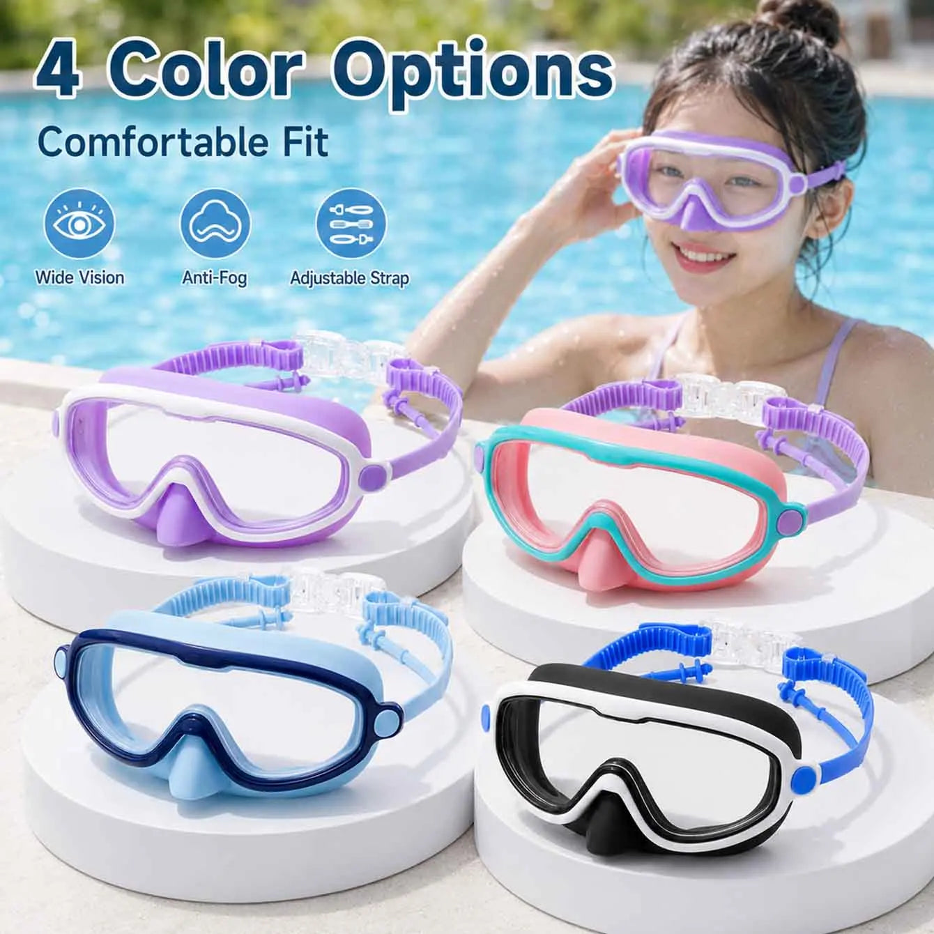 1PC Swim Goggles with Nose Cover, Wide View Anti-Fog UV Protection Swimming Mask