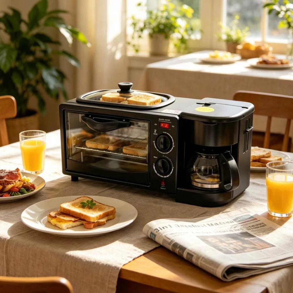 Multifunctional Breakfast Machine 3 in 1 Breakfast Maker Coffee Machine, Breakfast Station with 600 ml Coffee Maker +9 L Oven +Frying Pan, Toasters Breakfast Maker for Home Office