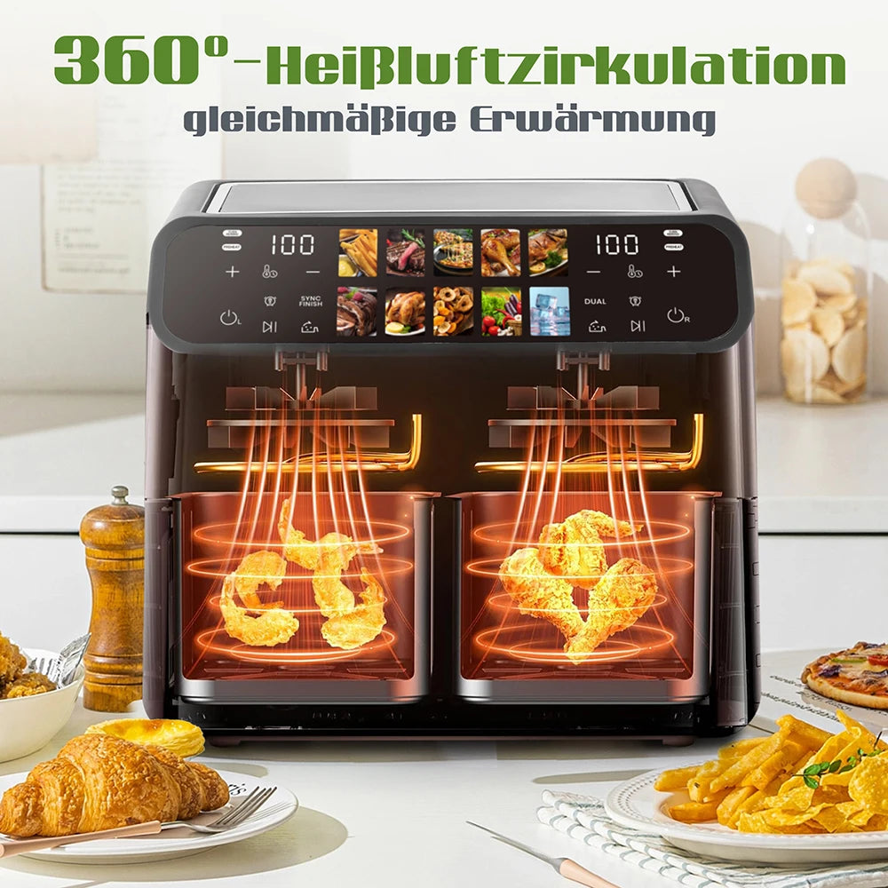 Sinaopus Hot Air Fryers 9L Dual Basket – Oilless Cooker with LED Touch Control & Visible Window, Family Smart Air Fryer Oven Machine, Large Capacity for Home Use