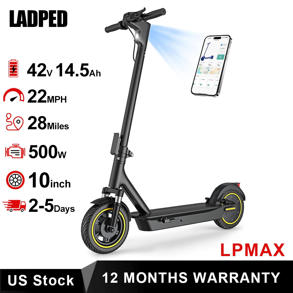 LADPED LPMAX 10" tires Folding Electric Scooter 22MPH Max Speed 500W 14.5AH 28Miles Long Range