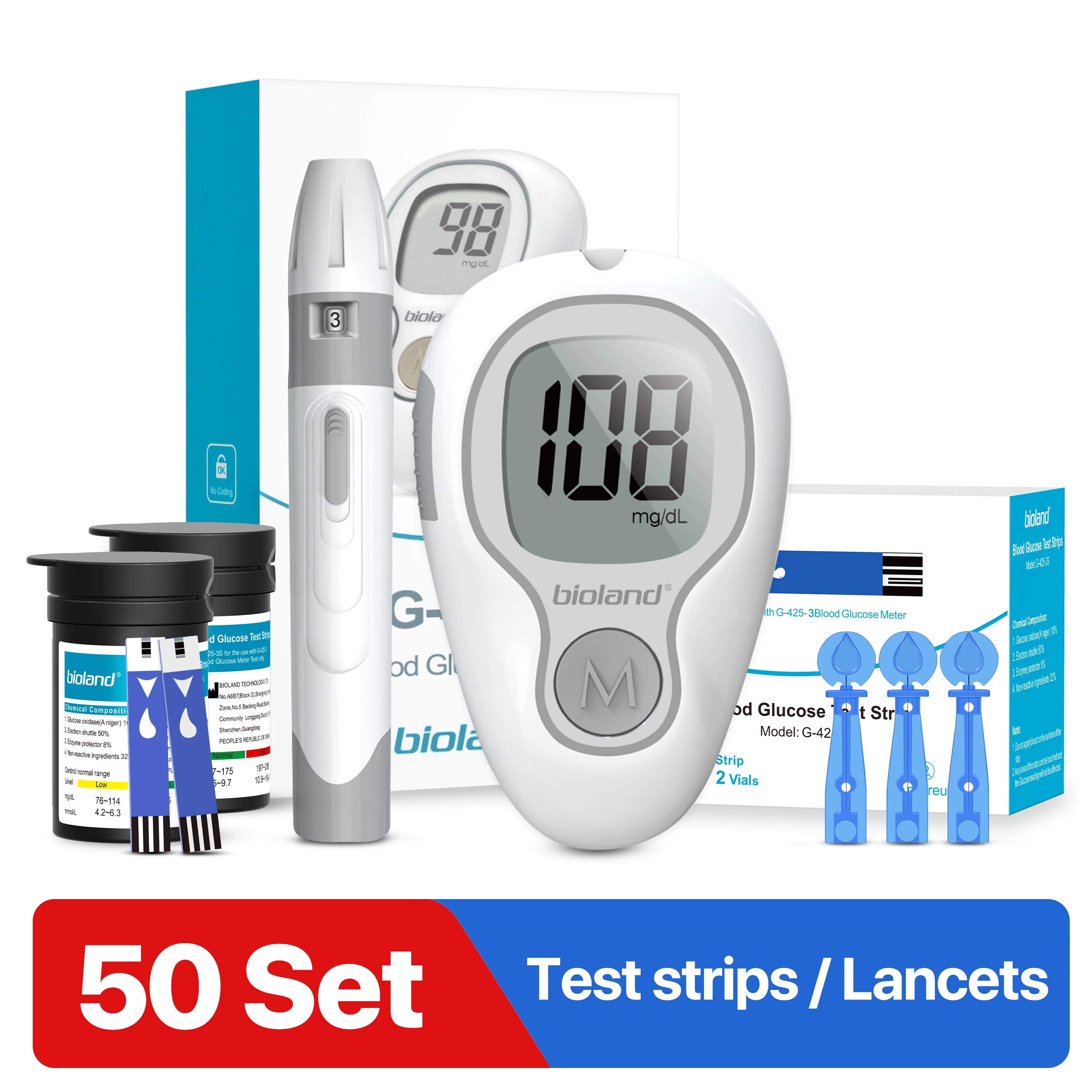 LinkSun Blood Glucose Meter G-425-3 Glucosemeter Kit 10/50/100pcs Strips No Code For Diabetes Tester Medical Blood Sugar Monitor