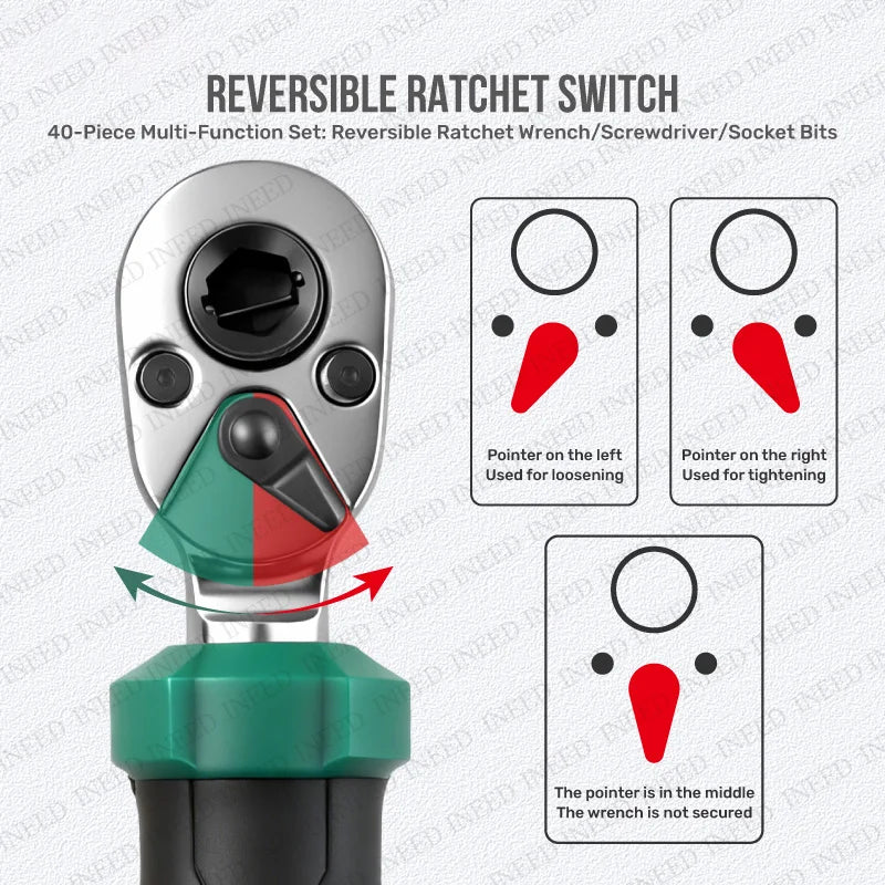 1/4" Drive Quick-Release 40 in 1 Ratchet Socket Bit Set Cr-V Steel Phillips/Slotted Screwdrivers for Repair & Hand Tools