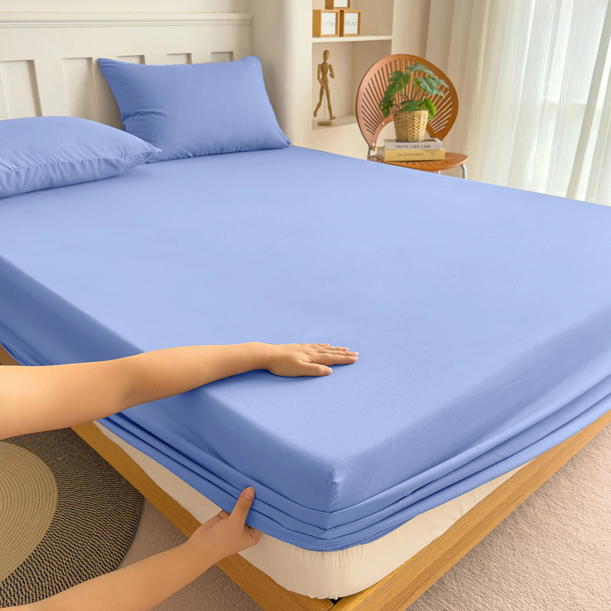 Fitted Bed Sheet with Elastic Band Solid Color Soft Mattress Cover