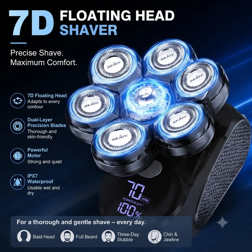 Head Shavers for Bald Men 7D Floating 5-in-1 Upgraded Electric Shaver, IPX7 Waterproof (Wet/Dry Use).