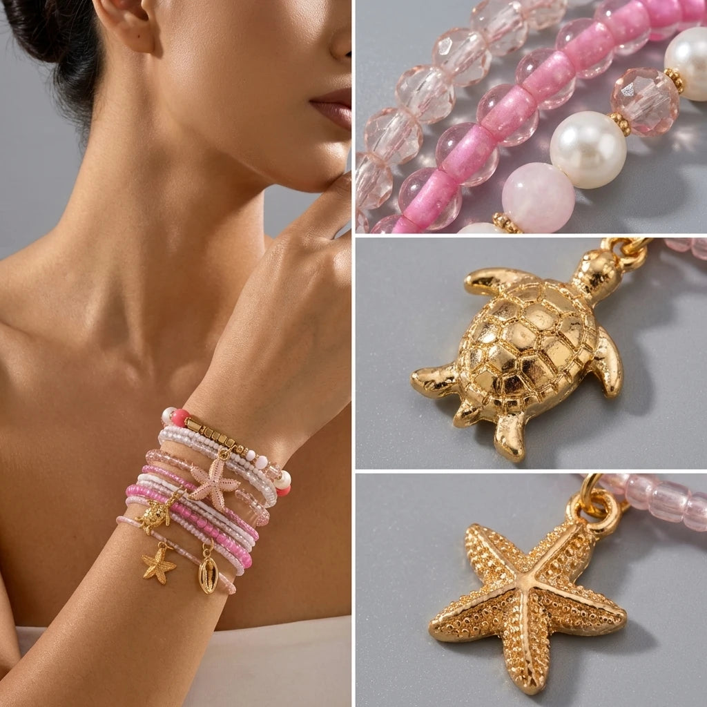 Fashion Multilayer Stacked Bracelets Set for Women Bohemian Shell Starfish Beaded Bracelets Summer Beach Party Jewelry Gift