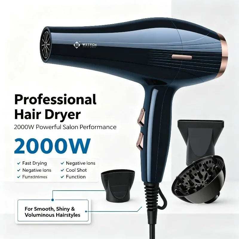 WETECH 2000W Professional Hair Dryer Negative Ion Blow Dryer Cool Shot Function With Concentrator Nozzle Diffuser