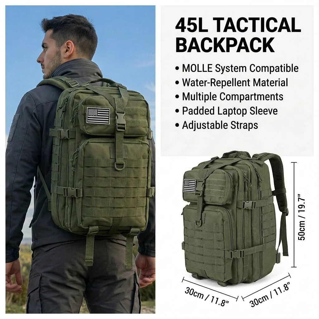 Men 45L Tactical Backpack Molle Bug Out Bag Survival Emergency Water Resistant