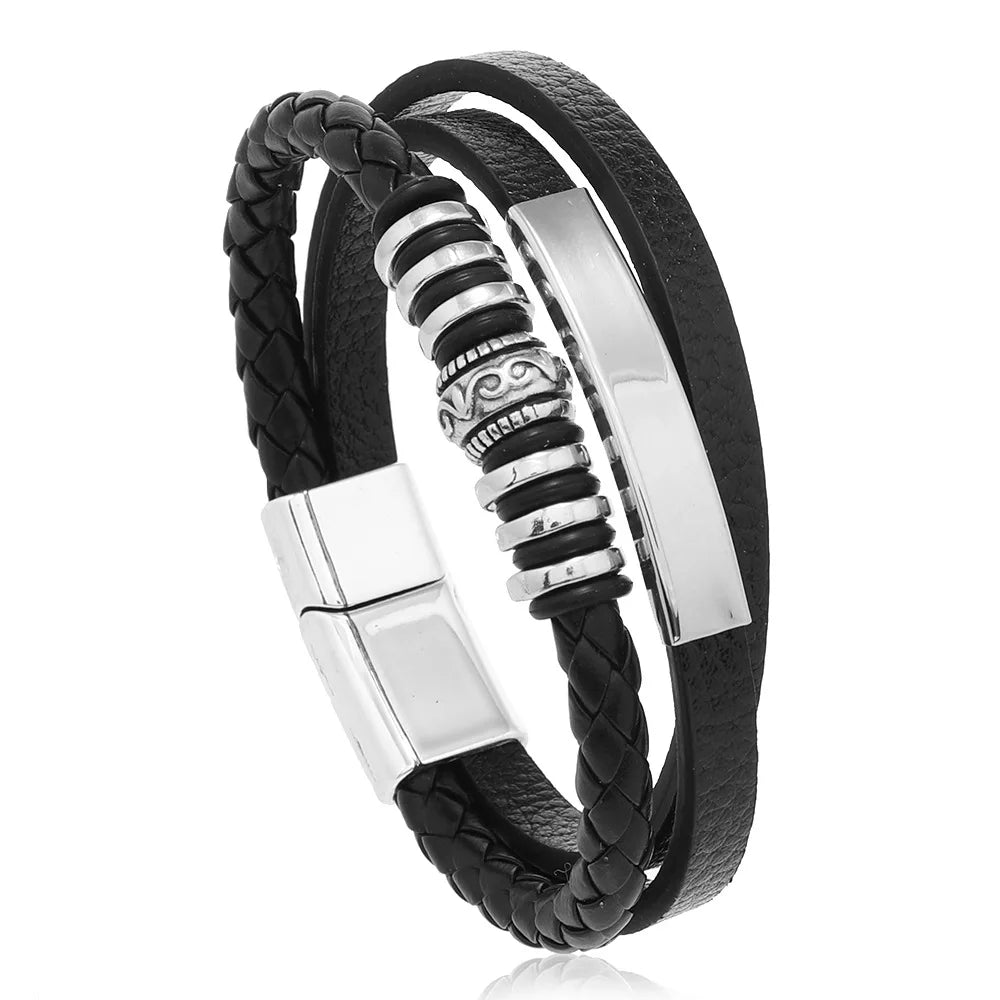 Trendy Leather Bracelets For Men Stainless Steel Bracelet 21CM Multilayer