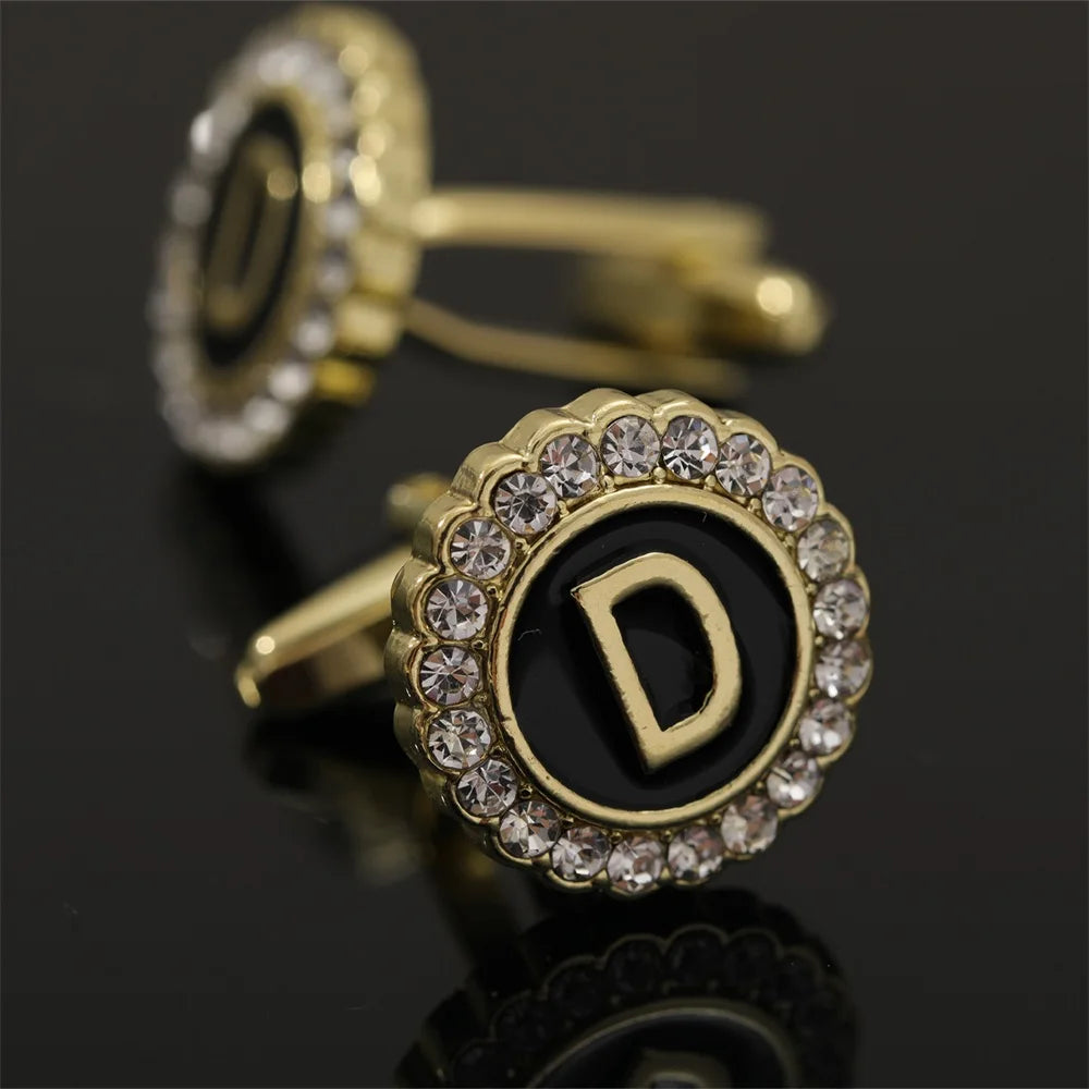 26 Initial Capital Letter A-Z Mens Cufflinks Galaxy Golden Color Gear Shape Crystal Cuff Links Formal Shirt Suit Jewelry Gift