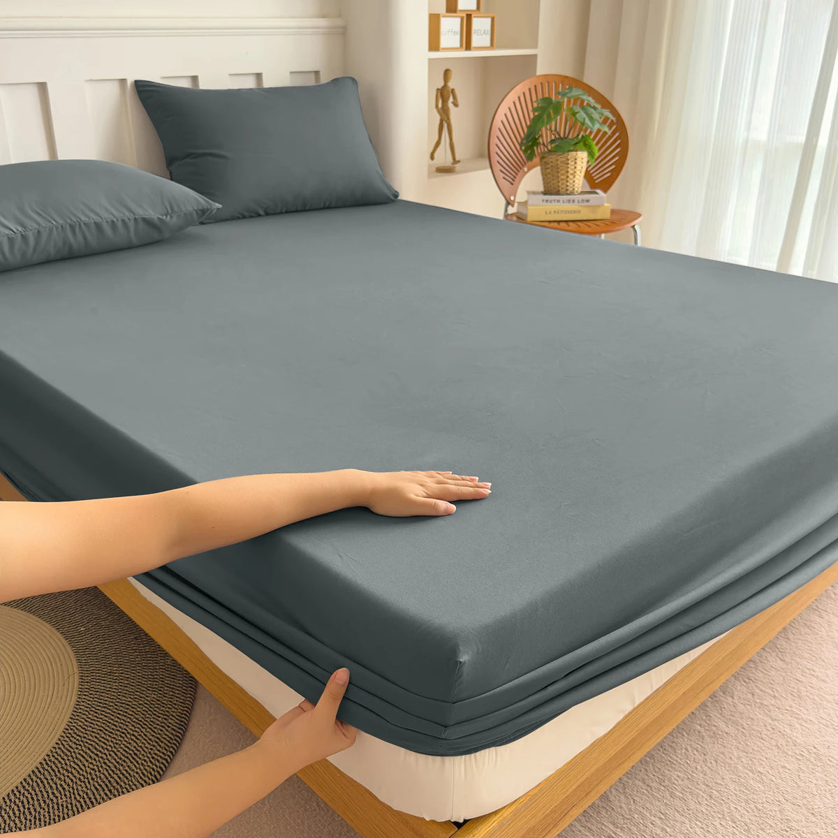 Fitted Bed Sheet with Elastic Band Solid Color Soft Mattress Cover