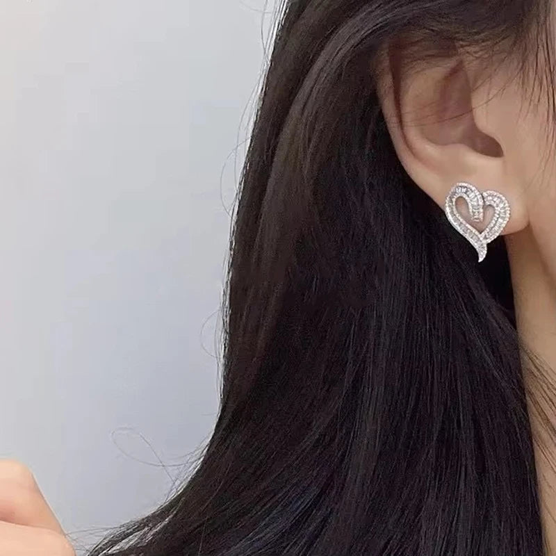 Huitan Romantic Heart Women Earrings Hollow Out Design Inlaid Shiny CZ for Wedding Engagement Anniversary Accessories Jewelry