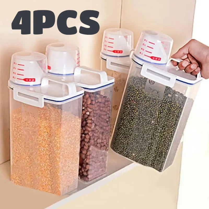 4PCS 2.5L Rice Storage Bucket with Measuring Cup Sealed Moisture-Proof Pet Food Storage Container for Storing Grains Flour Rice