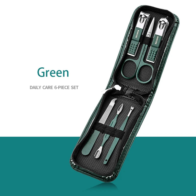 GreenStainlessSteel Nail Clippers Set-6-18 Nail Care Sets with Leather Storage Box-Professional Foot and Face Care Tool Set