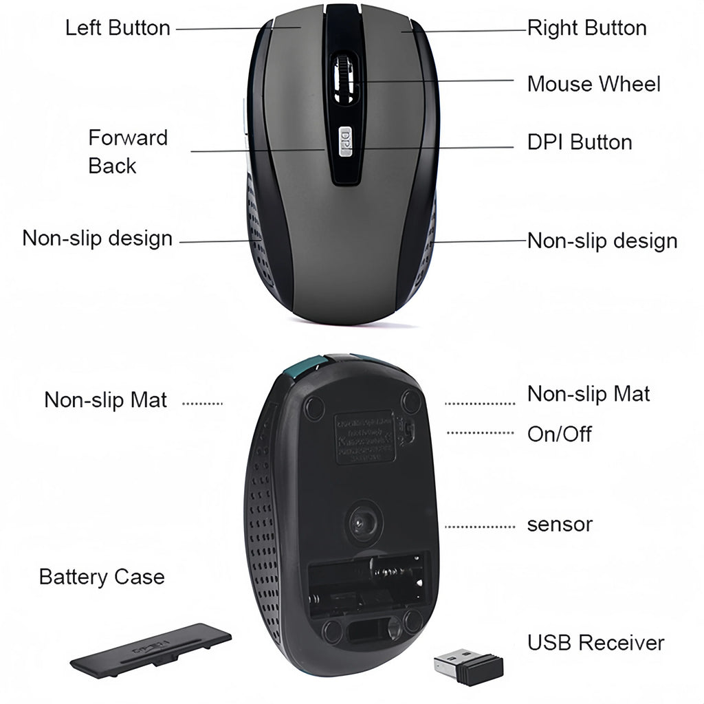 2.4G Wireless Mouse 6 Keys Gaming Mouse Ergonomic Silent Mouse 1600DPI Optical Office Mouse Mice for PC Laptop MacBook Windows