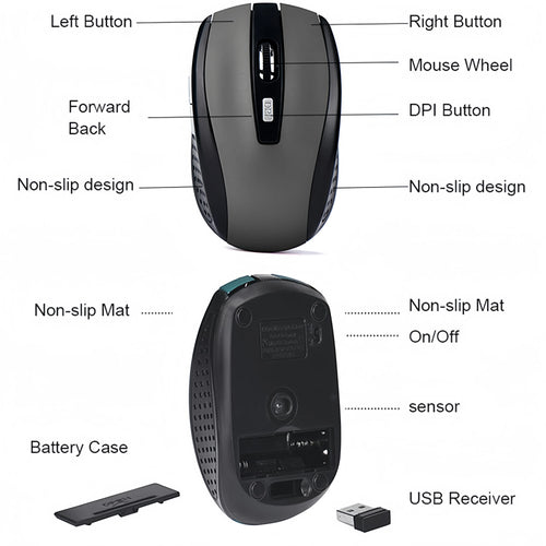 2.4G Wireless Mouse 6 Keys Gaming Mouse Ergonomic Silent Mouse 1600DPI Optical Office Mouse Mice for PC Laptop MacBook Windows