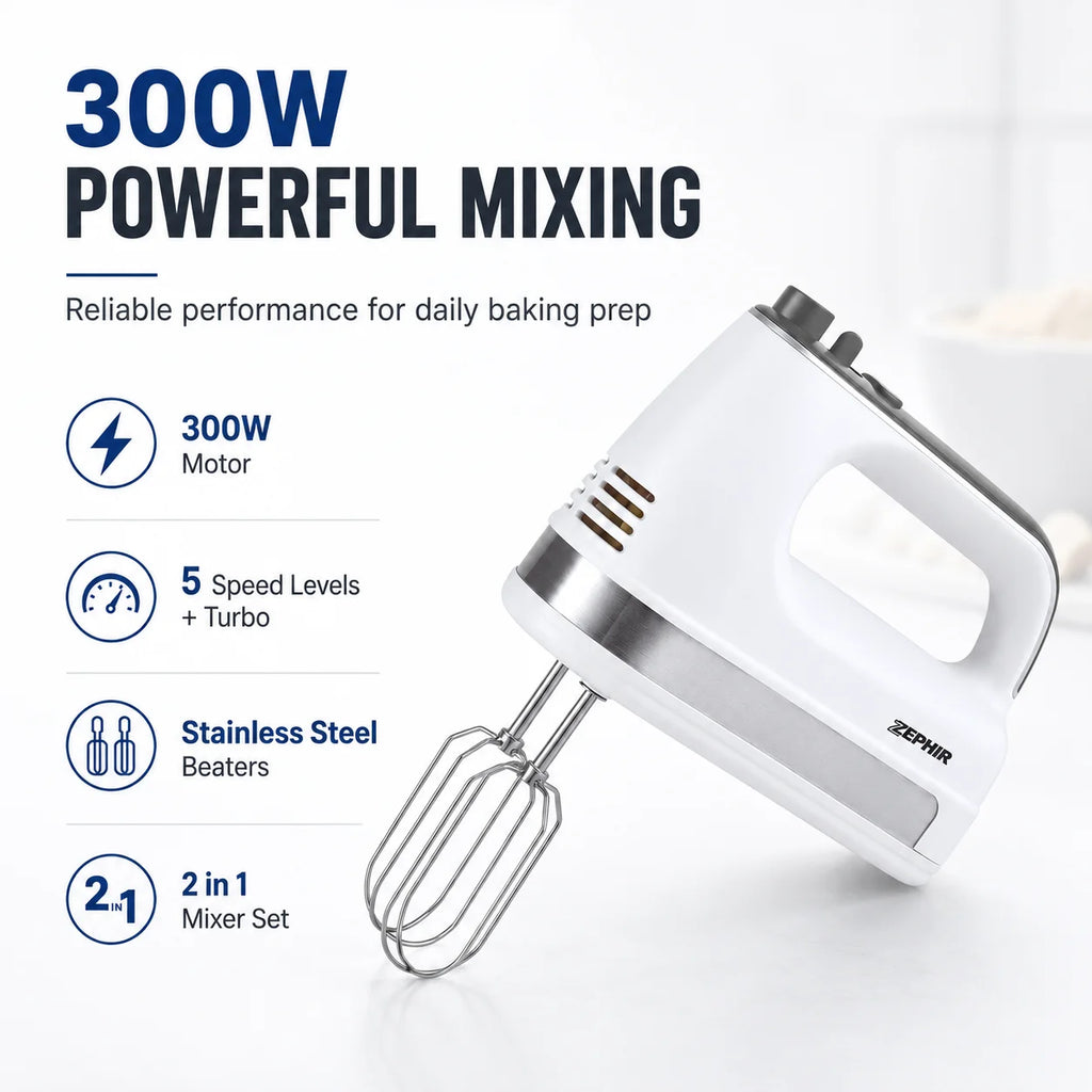 ZEPHIR ZHC466 300W 2 in 1 Electric Hand Mixer 5 Speed Turbo with Stainless Steel Beaters