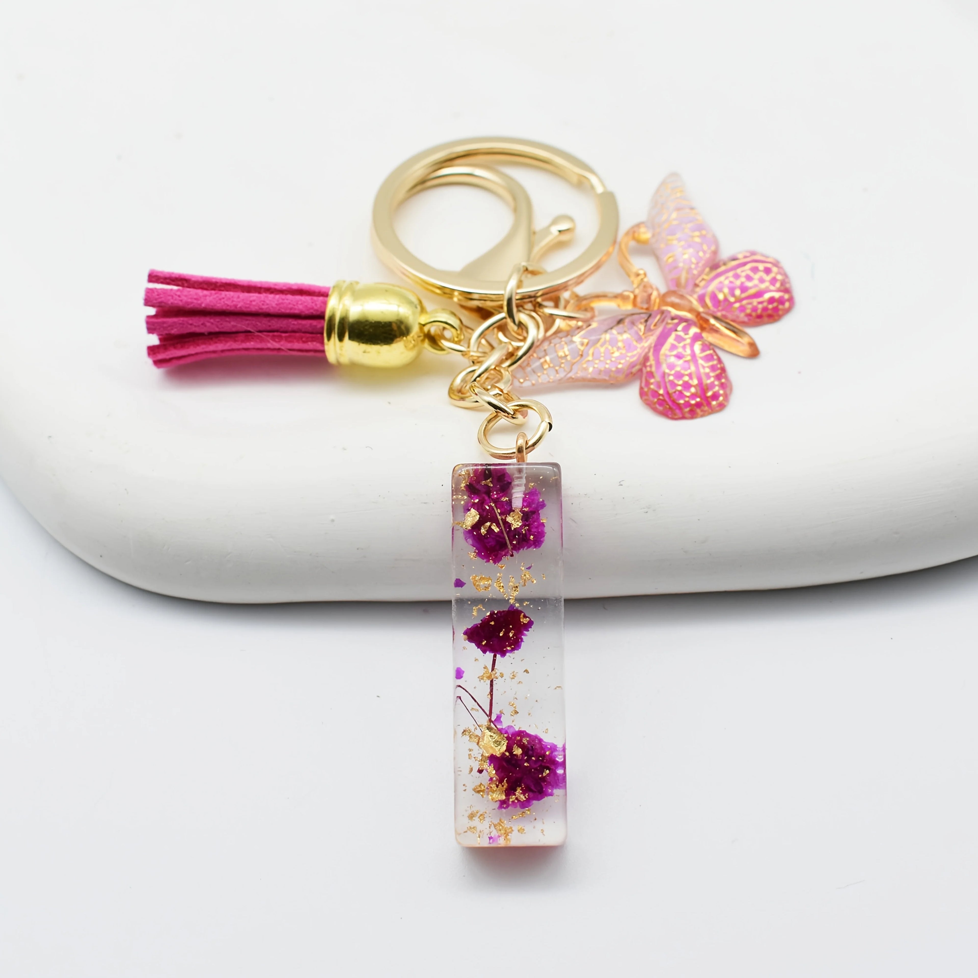 1PC Fashion Easter Alphabet Keychain - Dried Flower Resin Charm, A-Z Initial Pendant Butterfly Tassel, Non-Woven ABS Gift
