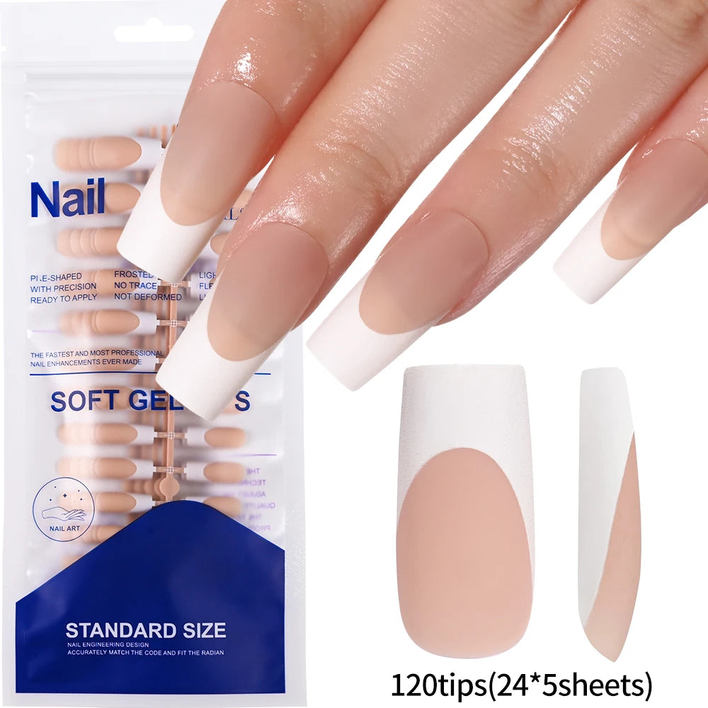 120Pcs Glossy Medium Coffin Press On Nails Pink Gradient French Fake Nails Acrylic Full Cover Ballerina False Nails For Women