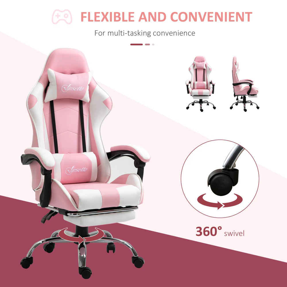 Gaming chair computer chair ergonomic office chair with headrest lumbar cushion height adjustable 360° rotatable pink+white