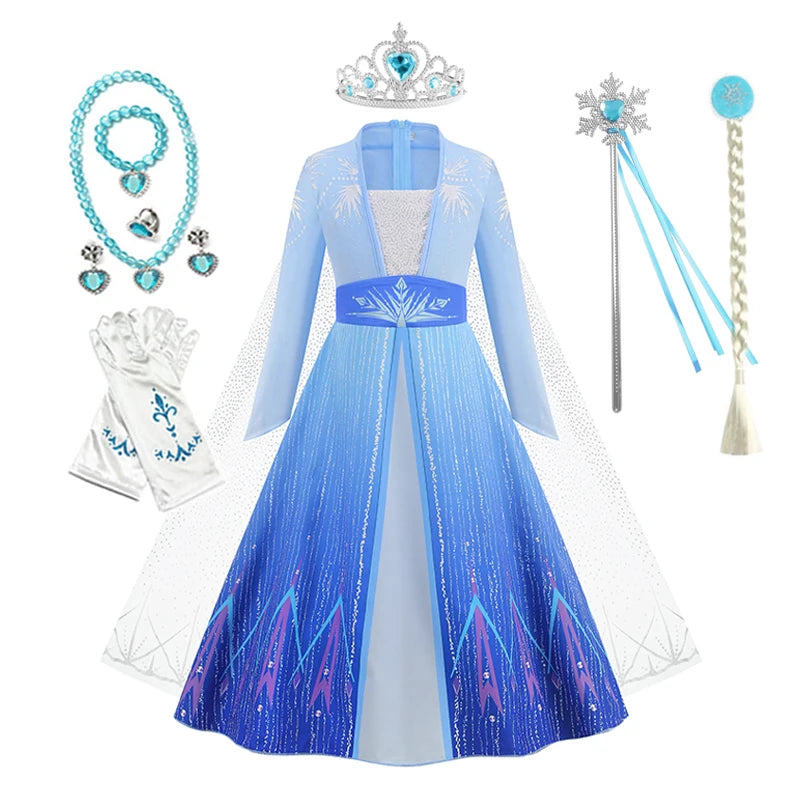 Elsa Princess Dress for Girls Blue Long Sleeve Cloak Carnival