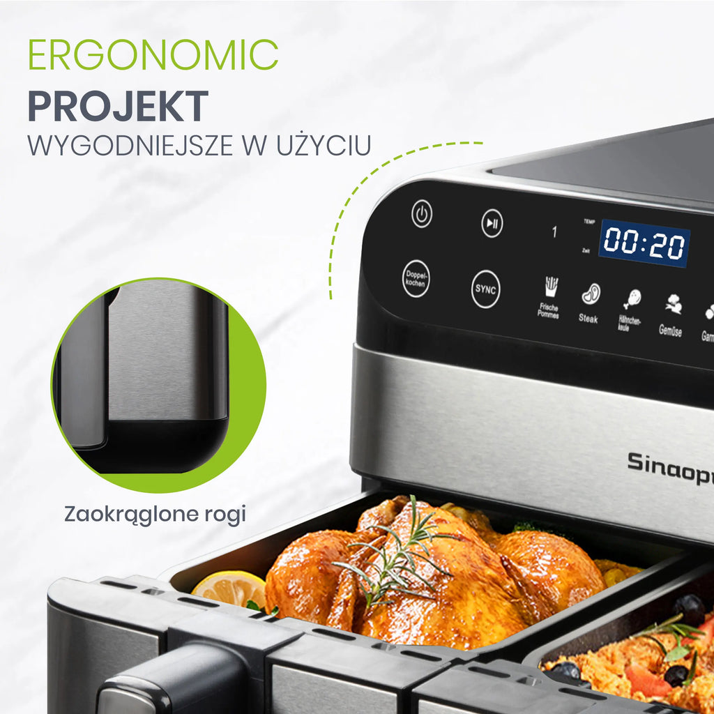 Sinaopus Air Fryer 2400W 10L XXL Dual Basket-LED Touch Screen Oil-Free Fryer, 8 Programs, Temperature Control, Oil-Free Air Oven