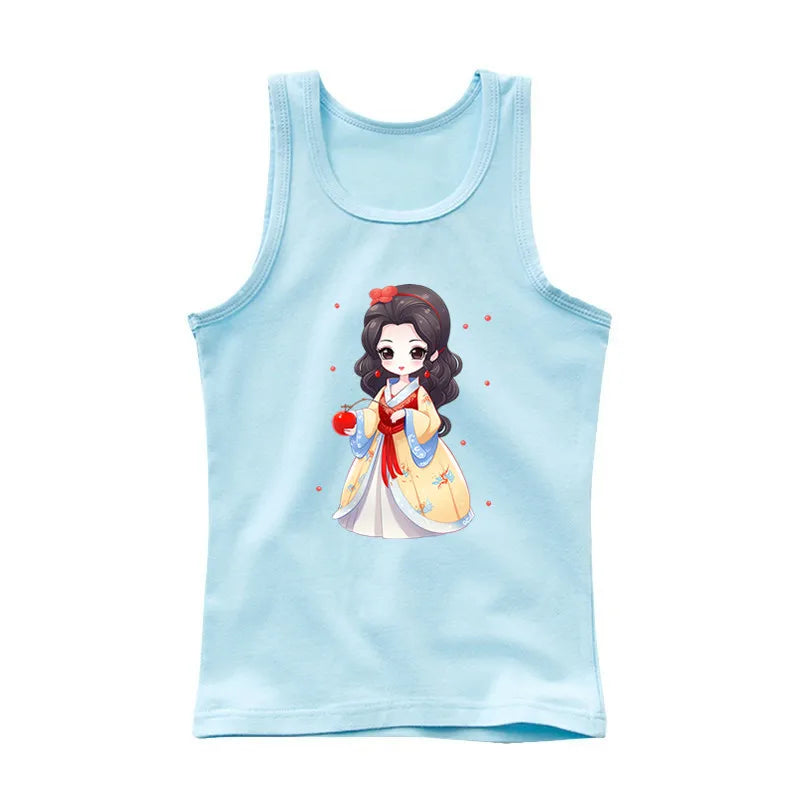 Girls Kawaii Ocean Princess Tanks Kids Sleeveless O-Neck Summer T-Shirt New Catoon Vest Top for Toddler Kids