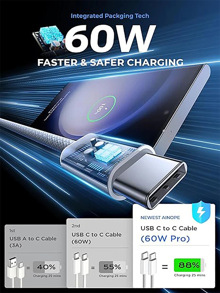 USB C Cable For Apple iPhone 17 16 15 Pro Max PD 60W Fast Charging Cable For Huawei Xiaomi Samsung USB C Data Line Accessories