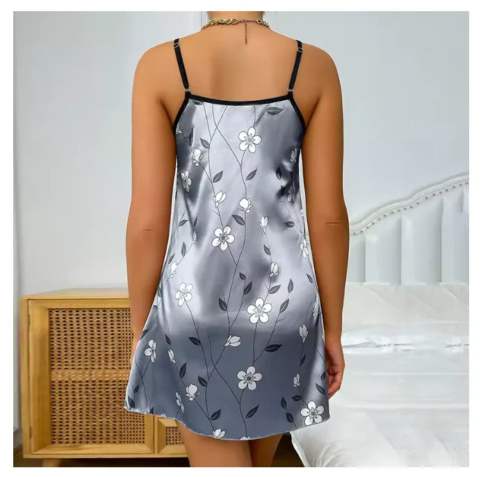 Women's Sleepwear Summer Floral Print Satin Nightgown Casual