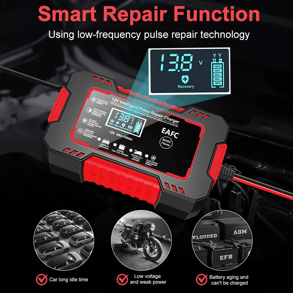 12V 6A Pulse Repair Smart Charger - LCD Display Fast Charge for AGM/GEL/Lead-