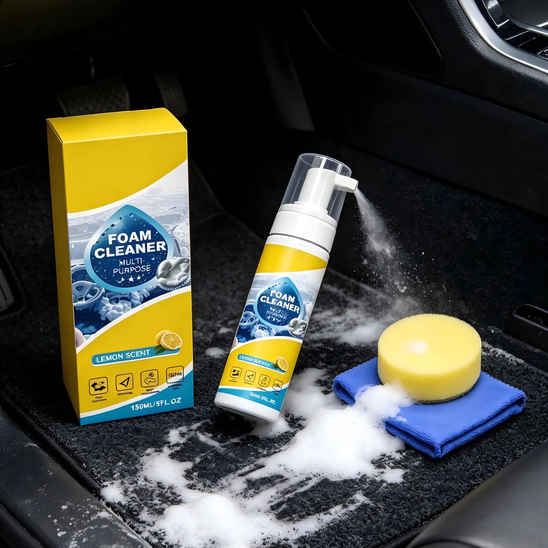 Foam Cleaner Car Interior Cleaning Foam Multi Purpose Car Interior Stain Remover Lemon Scent Car Seat Cleaning Foam Spray 150ml