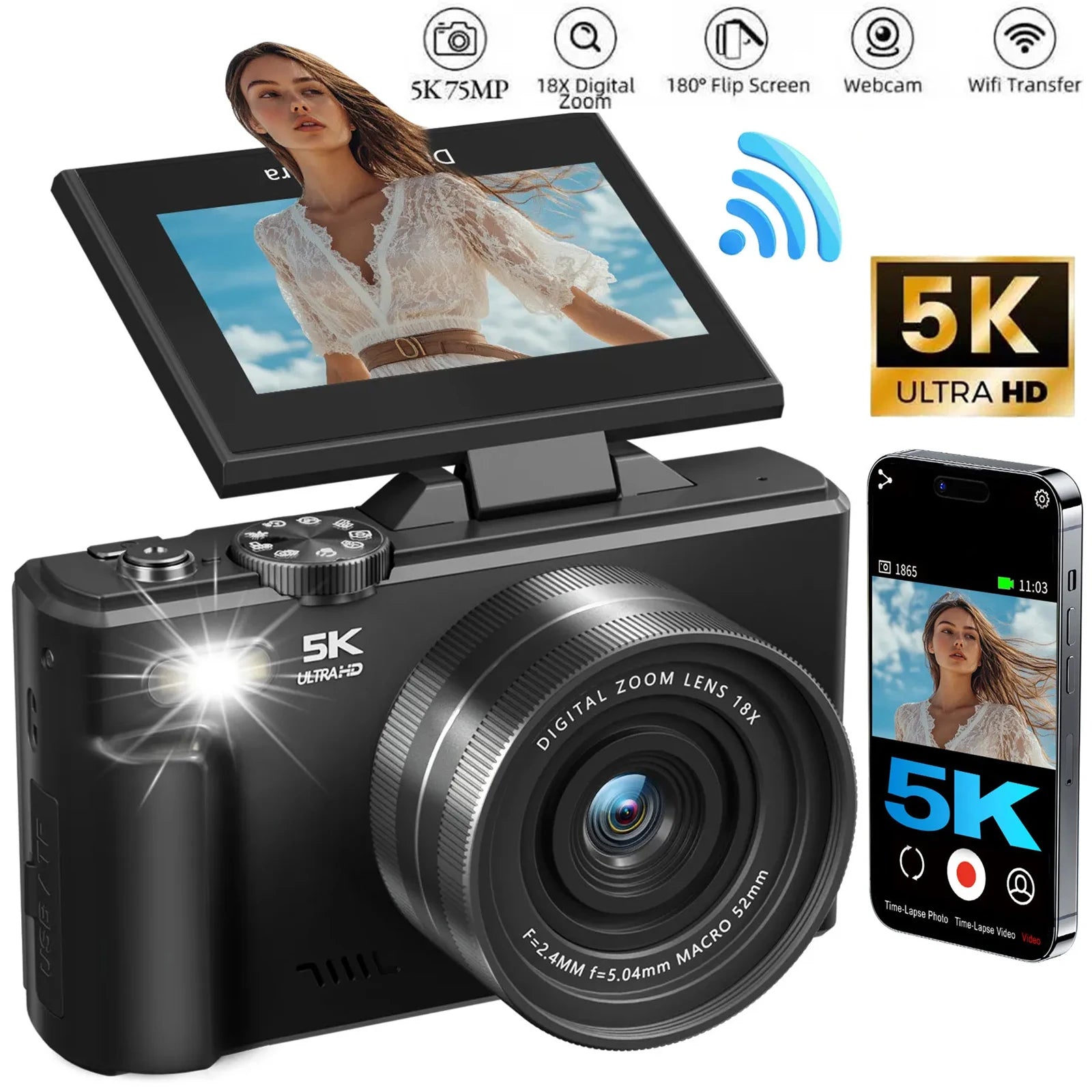 75MP Digital Camera 18X Digital Zoom 180° Flip Screen for Photography 5K Vintage Vlog Video Recorder for YouTube Selfile WiFi