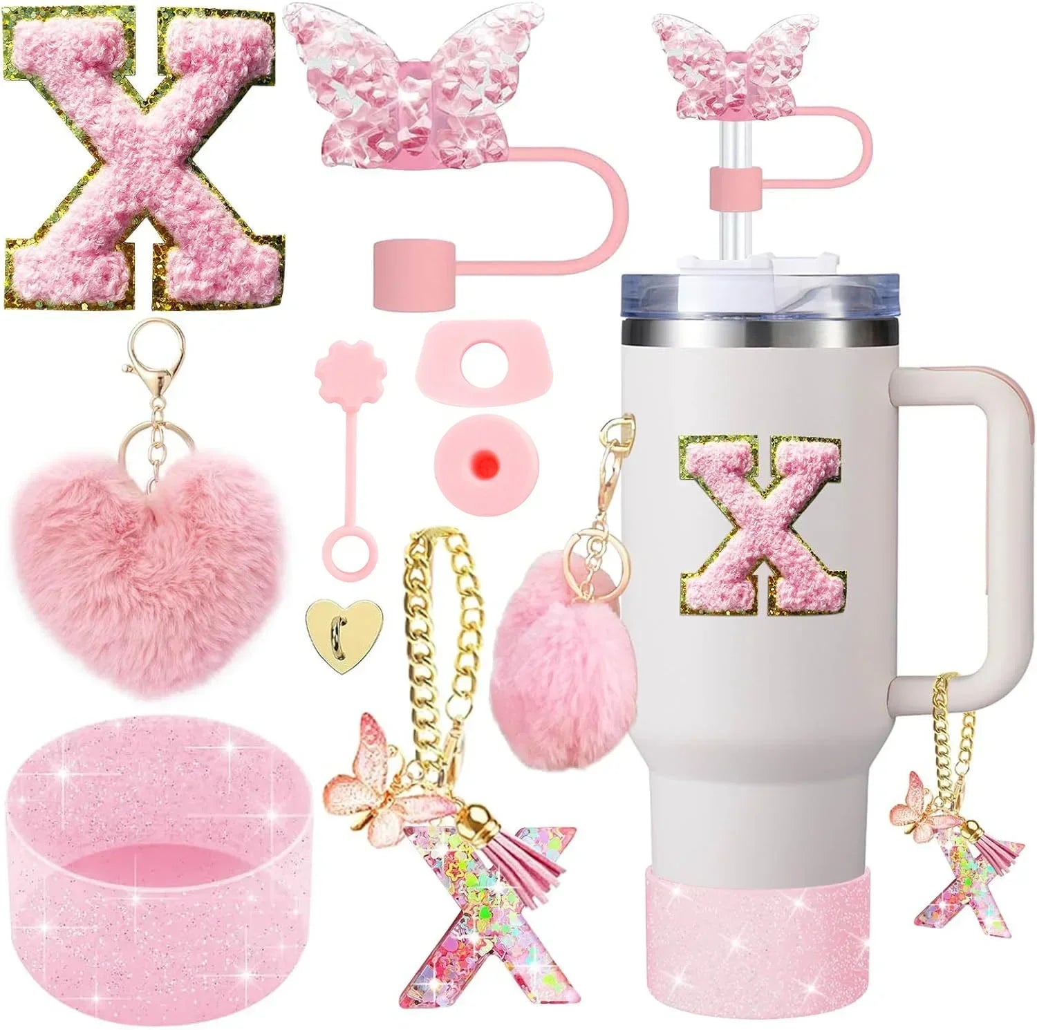 9PCS Accessory Set for Stanley Cup 30oz 40oz Butterfly Straw Cover Cap Silicone Boot Charm Initials Sticker Spill Proof Stopper