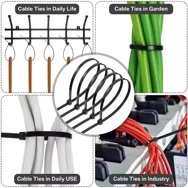 Black White Nylon Cable Ties Adjustable Self-locking Fastening Rings Zip Tie Cable Wires Fixing Ties for Home Offices Industrial