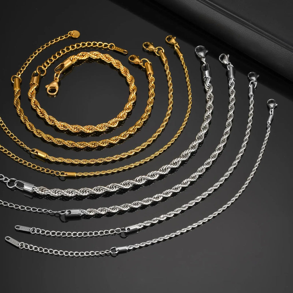 Vnox 2/3/4/5mm Unisex Rope Chain Bracelets for Men Women, Stainless Steel Adjustable Twisted Links Chain Bracelet Wristband New