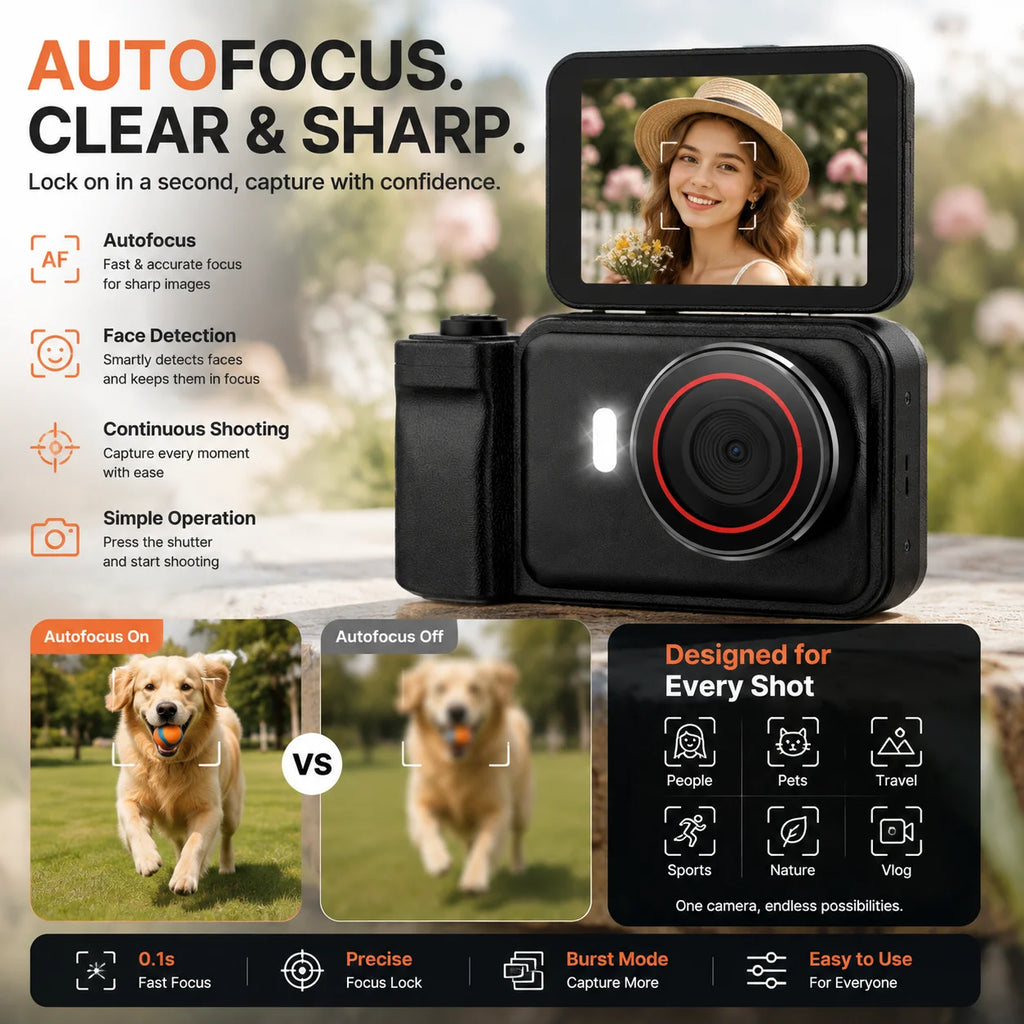 4K Digital Camera for Photography & Vlogging, 66MP Autofocus Camera with 180° Flip Screen, 10X Digital Zoom, 32GB TF Card Included, Type-C Rechargeable Compact Camera for Beginners, Travel & Everyday Use