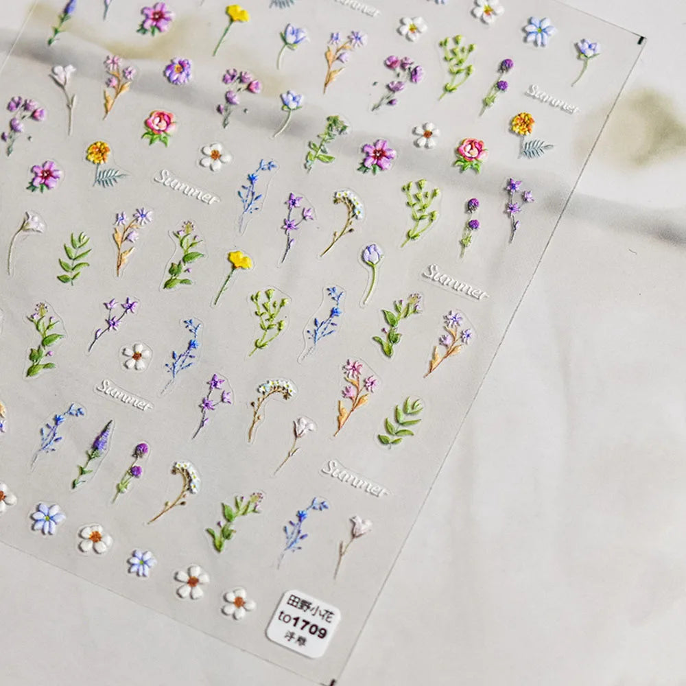 1pc Flower Nail Stickers Summer Floral Leaf Plant 5D Embossed Nail Slider Decals Self-Adhesive Nail Art Supplies Manicure Decor