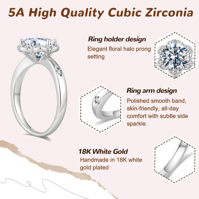 1/2/3/4CT Brilliant Cubic Zirconia Ring with 18K White Gold Plated
