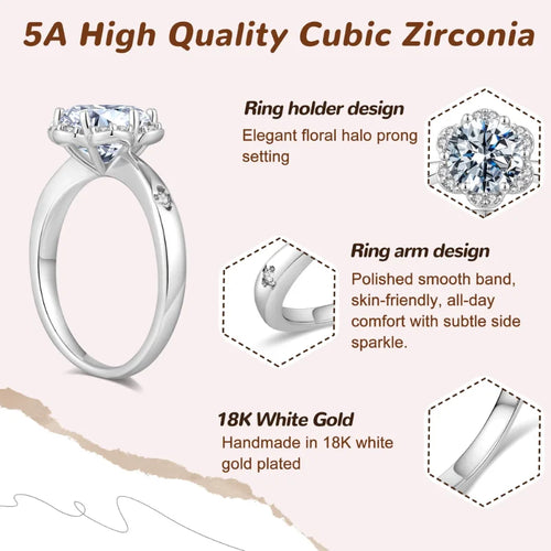 1/2/3/4CT Brilliant Cubic Zirconia Ring with 18K White Gold Plated
