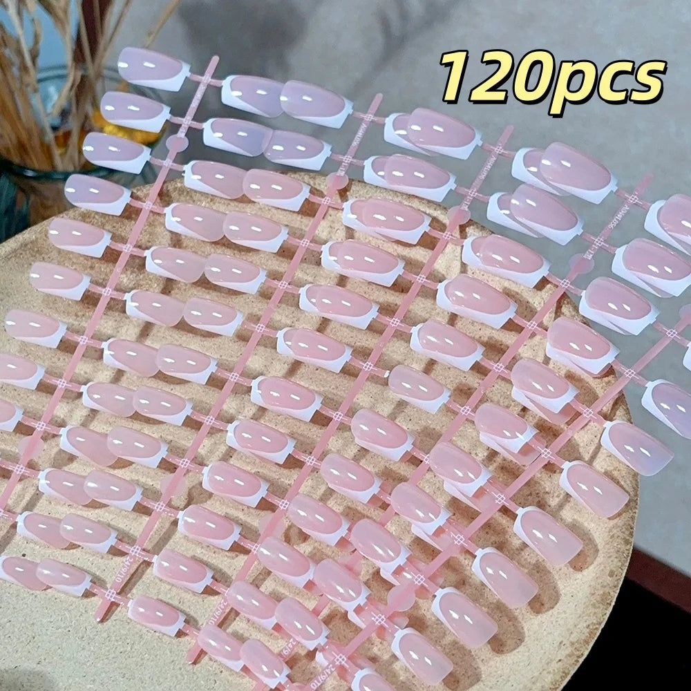 120pcs French Glossy Color Block Acrylic False Nails Spring & Summer Nude Tones Press-On Nails Full Cover Square Shape Nail Tips
