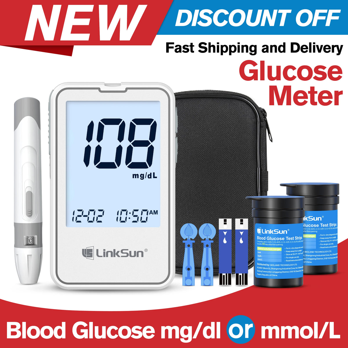 LinkSun Blood Glucose G-425-2 Test Strips Replacement Meter Glucometer