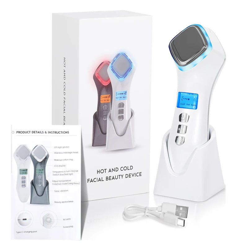 Hot & Cold Face Beauty Device with Red Blue Light Sonic Vibration Deep Cleansing