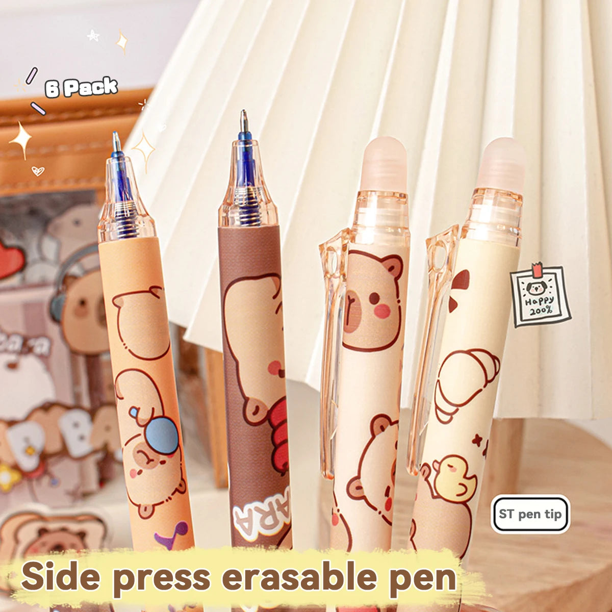 Capybara Erasable Pens 6pcs Refillable Ink Gel