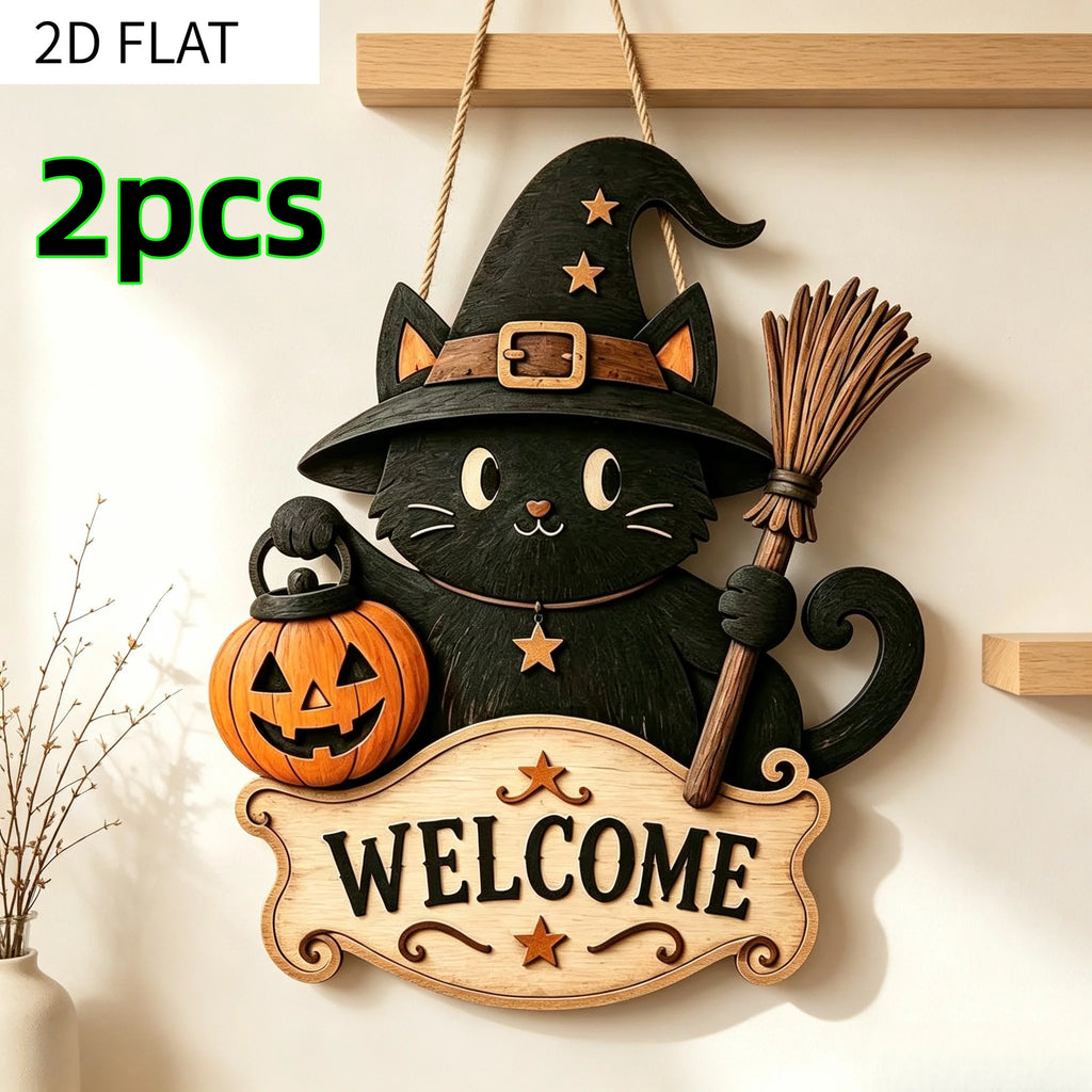 2/1 Piece Black Cat Halloween Welcome Door Hanging,