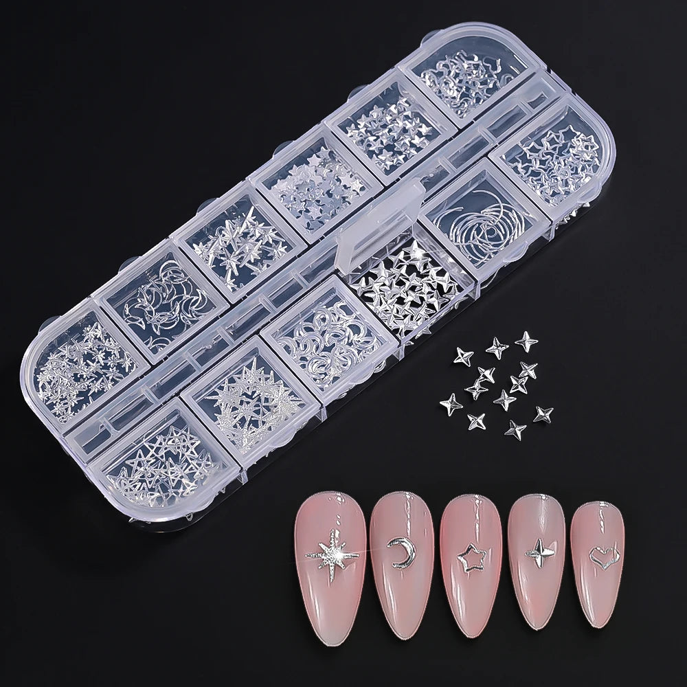 12Grids Silver Star Moon Glitter Nail Charms Mixed Metallic Tips Slice Rivet 3D FlatBack Gold Silver Star DIY Alloy Nail Studs_-