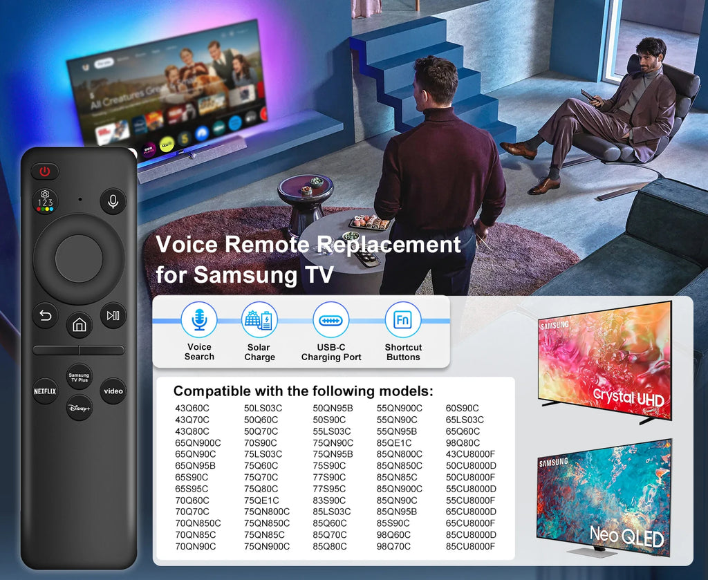 Solar Voice Remote Control for Samsung Smart TVs 2019-2024 Neo QLED OLED