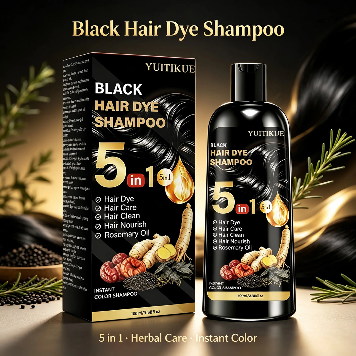 YUITIKUE 5 In 1 Hair Dye Shampoo With Ginseng Rosemary Oil Herbal Nourishing