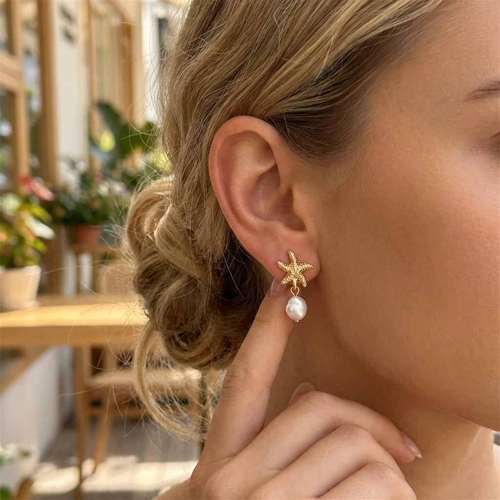 Dainty Starfish Imitation Pearl Gold Color Earrings for Women Mermaidcore Aesthetic Starfish Drop Dangle Summer Vacation Jewelry
