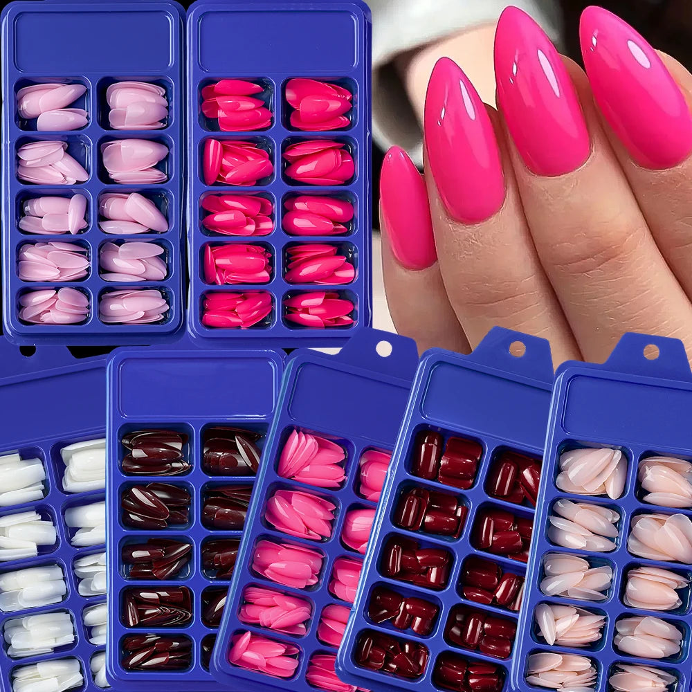 120/100Pcs Almond Fake Nails Extension Wearable Full Cover False Nail Solid Color Mid-length Stiletto/Square Press on Nails